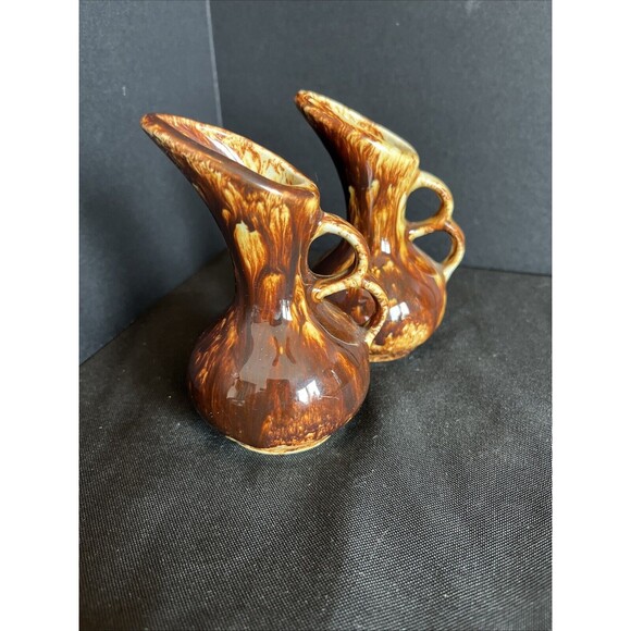 Lot of 2 Vintage Rich Brown Drip Glaze Mini Pitcher Creamer/Syrup Country Decor - Picture 1 of 8
